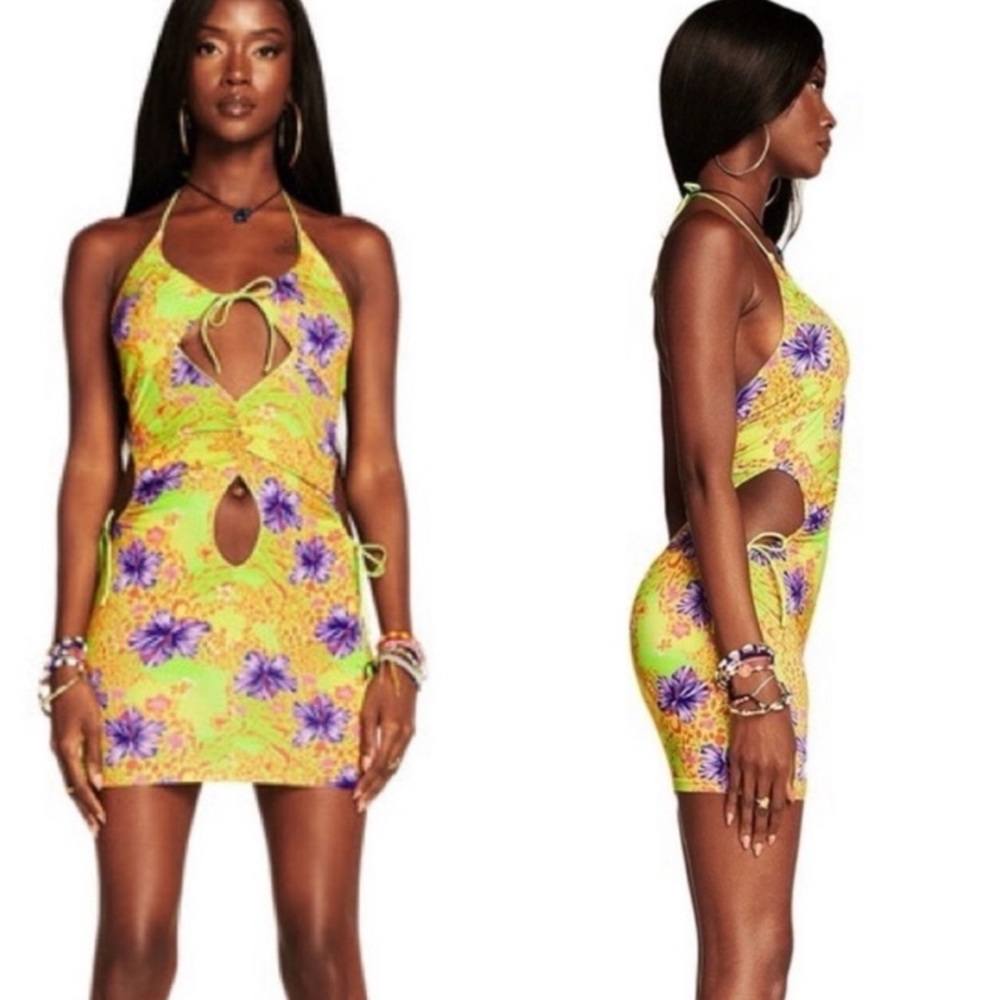 I.Am.Gia Svana Cutout Halter‎ Mini Dress in Hawaiian Hibiscus Drawstring Size XS